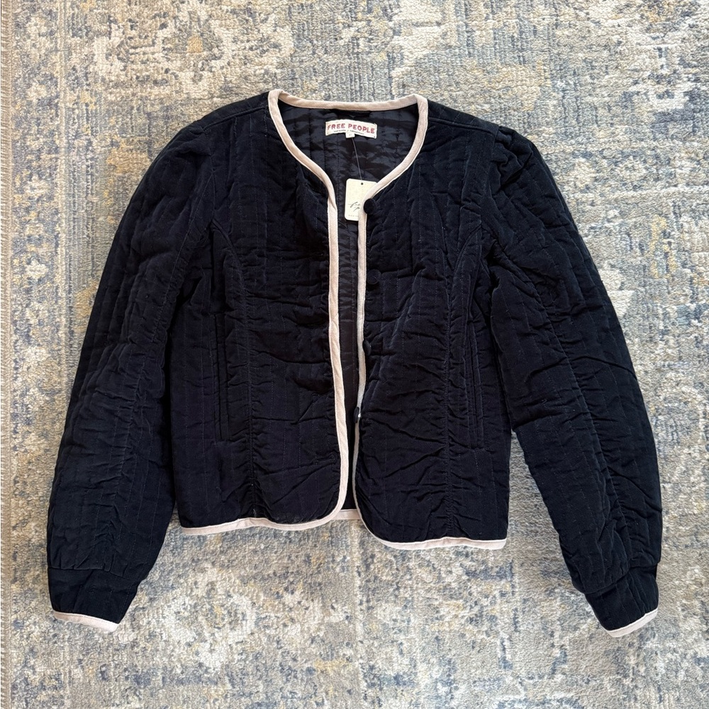 Free People Black Quilted Blazer with Cream Trim